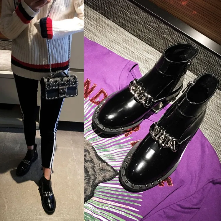 

Martin boots low blasting with short boots with ms chain round head rivet head layer cowhide boots joker is comfortable