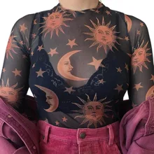 Feitong/Сексуальная Сетчатая футболка с принтом, футболки, модная женская кружевная Цветочная короткая одежда, женская футболка с длинными рукавами, уличная летняя одежда