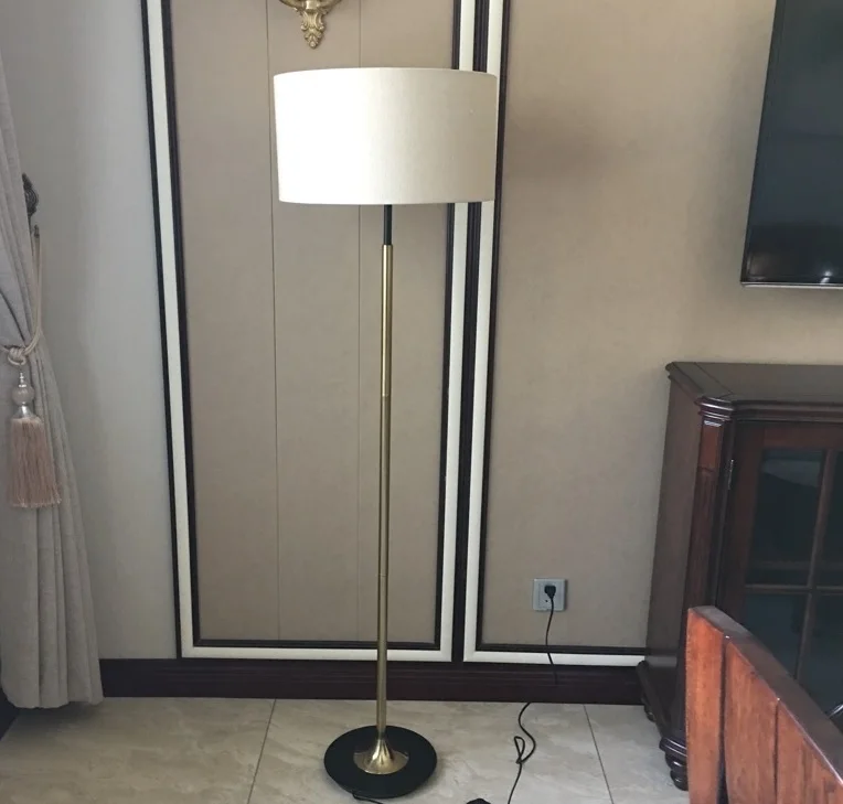 Dimmable Floor Lamp / 150cm Height / Fabric Shade / Golden Color / Bronzing Metal Stem / Iron Base in Black Lacquer