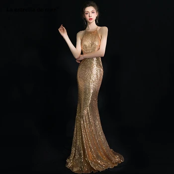 

Vestidos de fiesta de noche largos elegantes new hanging neck sequins lace gold sexy mermaid prom dresses
