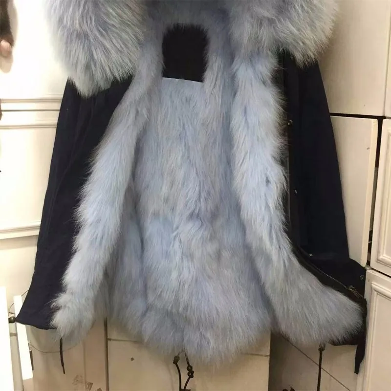 Небесно-голубой лиса Мех животных зимняя куртка Модные Цвет большой воротник лиса Мех животных парка