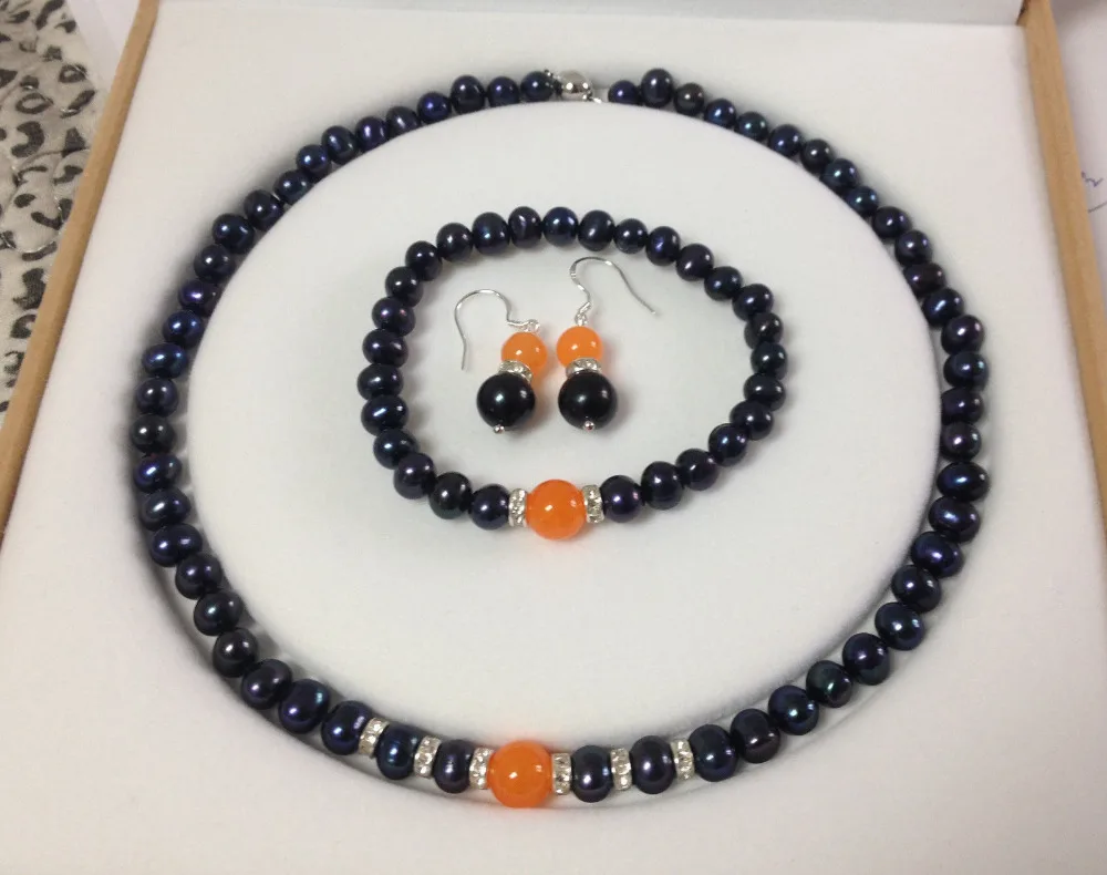 

Black Cultured Pearl/Orange Jade bracelets necklace earrings set ^^^18K GP style Fine jewe Noble Natural jade FREE SHIPPING