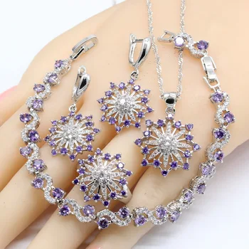 

Purple Zircon 925 Silver Bridal Jewelry Sets For Women Earrings Bracelet Rings Necklace Pendant