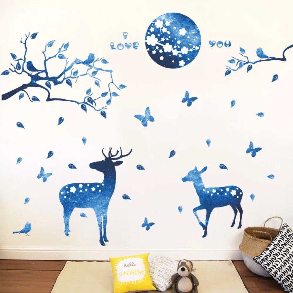 

Blue wall sticker Moon night small deers Wall Mural decal home decoration Diy Art Poster