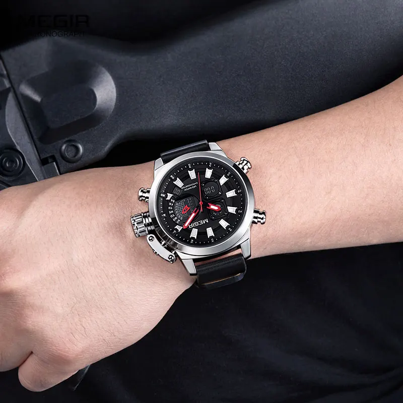  MEGIR Men's Sport Quartz Watches Leather Strap Chronograph Luminous Army Wristwatch 2019 New Top Br