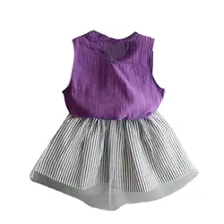 Розничная продажа, Лидер продаж, модная одежда для маленьких девочек блузка без рукавов комплект из футболки и короткой юбки в полоску