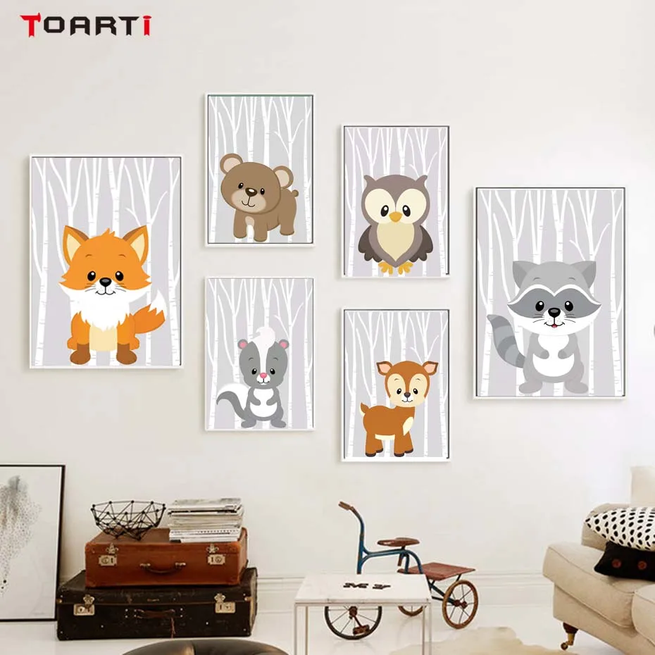 Woodland Fox Squirrel Art Poster Canvas Painting For Kids Bedroom Modern Wall Picture Home Decor Christmas Cartoon Animals Print (1)