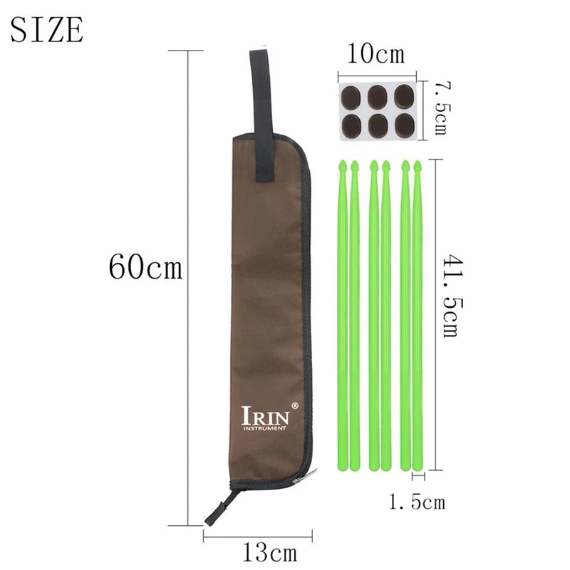 Irin Drum Accessories Set- 3 Pair Nylon Drum Sticks+ Waterproof Storage Carrying Bag+ Mute Sticker Percussion Parts