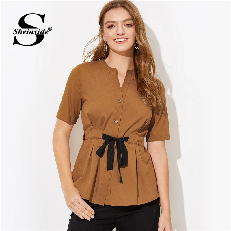 Sheinside коричневая завязанная на талии блузка рубашка женские летние блузки V образным вырезом Женские топы с коротким рукавом женские рубашки