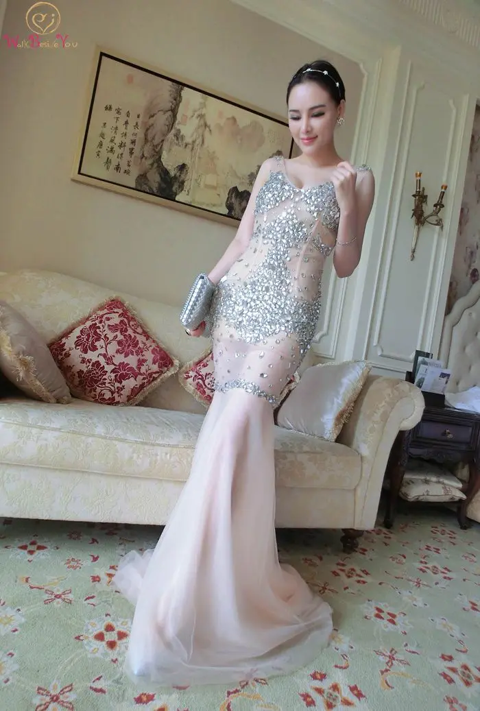 

Sexy Mermaid Evening Dresses 2019 Champagne V Neck Sleeveless robe soiree Luxurious Crystal Formal Party Long Tulle Prom Gowns