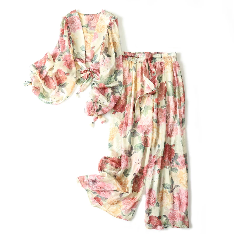 Pantalon 2 2018 Long V Ensembles Pièces À Un Imprimer Qualité Floral Plage Longues Manches Et Boho cou Casual Deux Haute Haut CfTwanq