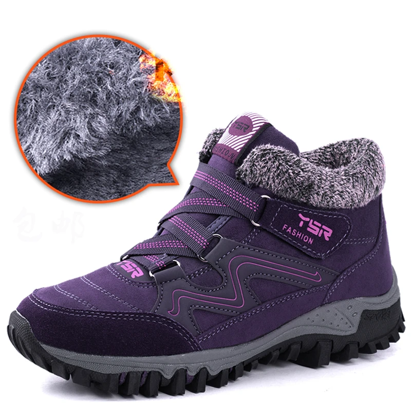 

women fashion thick cotton-pad cow leather winter fur shoes warm plush ankle snow boots mom non-slip booties zapatos mujer lace