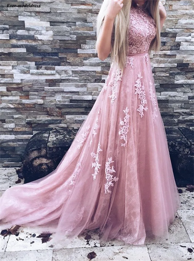 Vestido graduacion largo розовый кружевной тюлевые платья для выпускного вечера 2019 аппликации А-силуэта накидки для официальных мероприятий