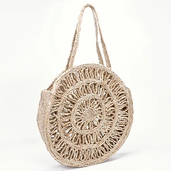 

European and American orders Corn Husk Sewed Hollow Round Shoulder Weaving Vine Grass Handbag 2019 New Straw bag