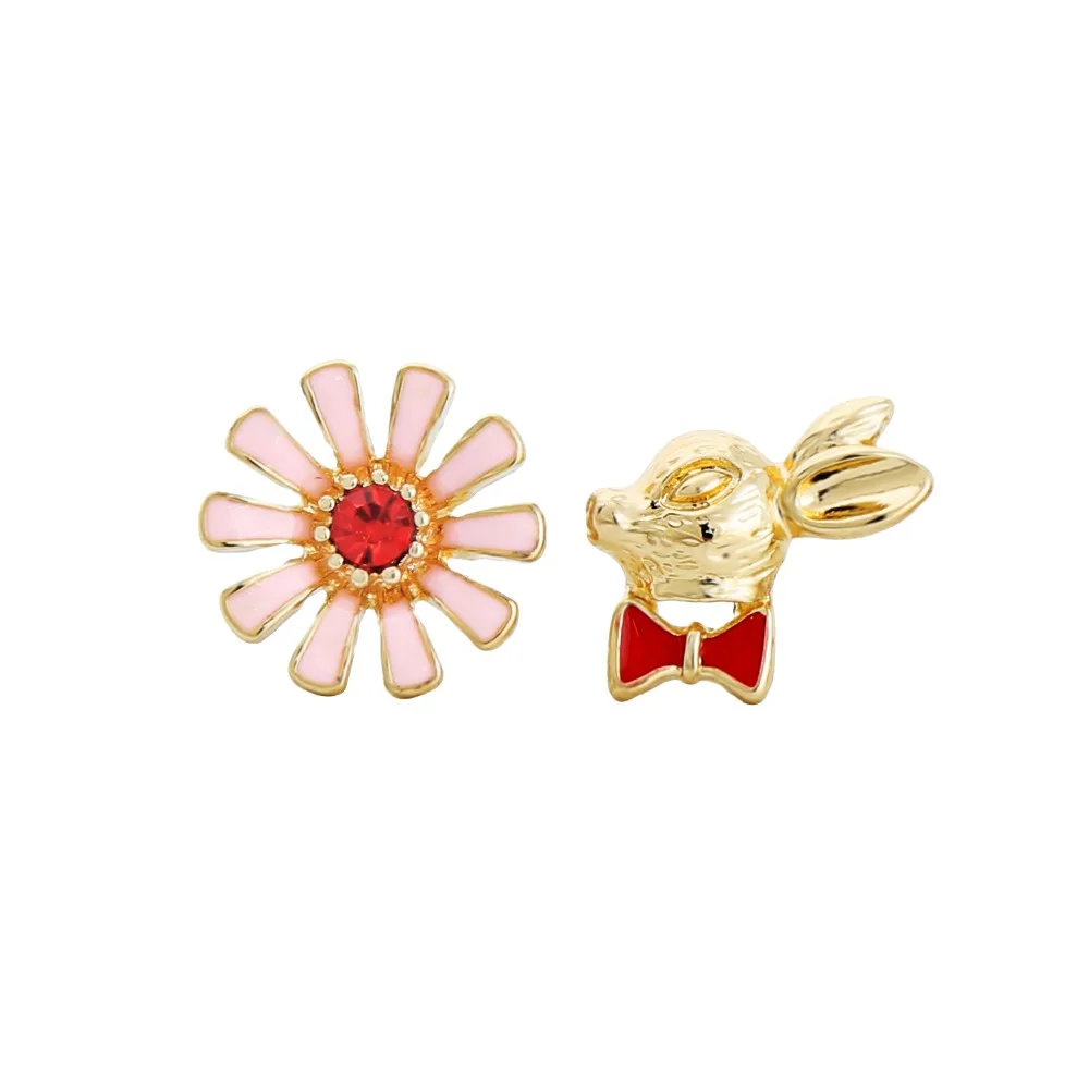 Asymmetric Enamel Pink Blue Flower Rabbit Stud Earrings Sweet Cute Alloy Gold Color Small for Women Girls Gifts | Украшения и
