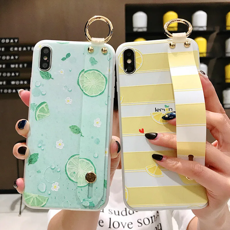 

Wrist Strap Phone Case For iphone Xs max Case For iphone X Xs XR 6 6S 7 8 plus Fruit Lemon Pattern Soft Silicone TPU Case Cover