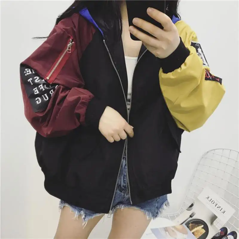 amazing  Spring Autumn Women Contrast Short Jacket Long Sleeve Zipper Letter Jacket Korean Loose Patch Femal