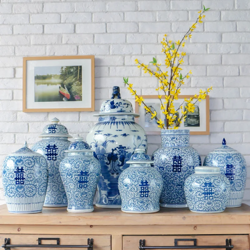 Цзиндэчжэнь старый голубой и белый имбирный кувшин китайский храмовый кувшин антикварный кабинет Свадебные украшения фарфоровый керамический кувшин, ваза
