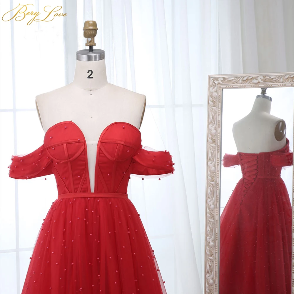 Charming Pearls Red Evening Dresses Long Off-Shoulder Evening Gowns Lace-up Elegant Formal Evening Dress Cheap Prom Dress image 5