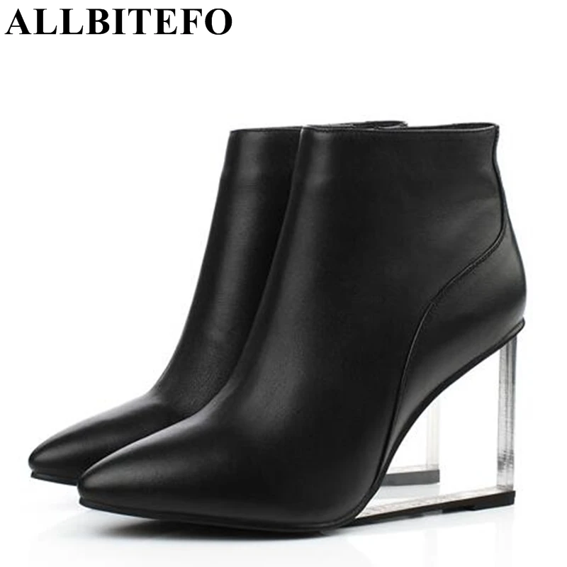 ALLBITEFO/size33-41; брендовые Модные женские ботинки из натуральной кожи; Ботильоны на танкетке со стразами; женские вечерние туфли; женская обувь на высоком каблуке