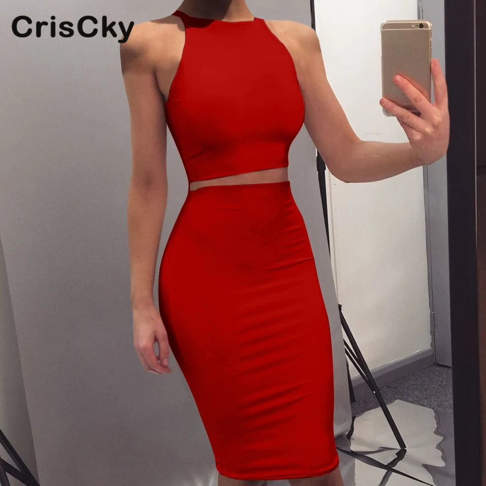 CRISCKY 2019 Summer Sexy Two Pieces Set Women Clothing T Shirt Tops Elastic Waist Knee Length Slim Skirt Outfits | Женская одежда
