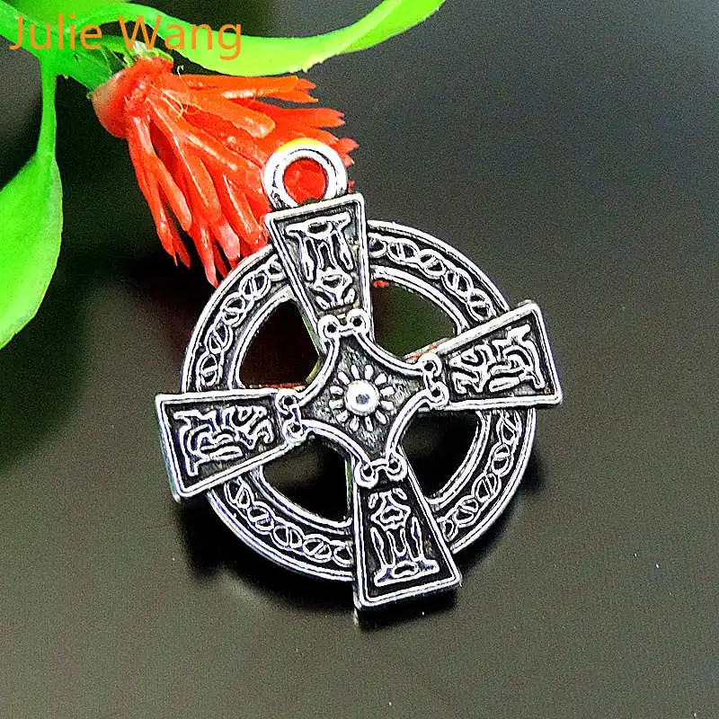 

Julie Wang 10PCS Round Rosary Cross Crucifix Charms Antique Silver Necklace Pendants Earrings Bracelet Jewelry Making Accessory