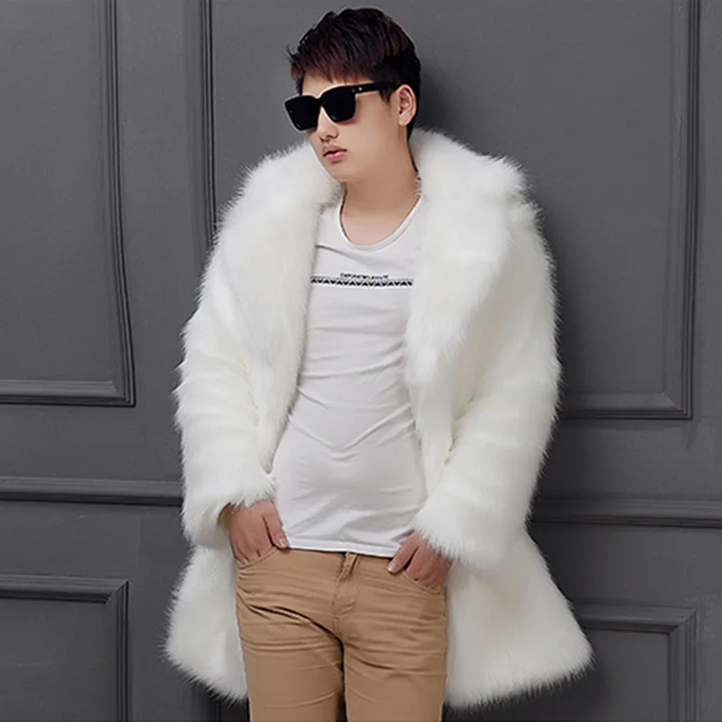Черные/белые мужские Длинные куртки с искусственным мехом большой размер Зимний теплый искуственный мех верхняя одежда с отложным воротником толстые меховые пальто D378 - Цвет: White