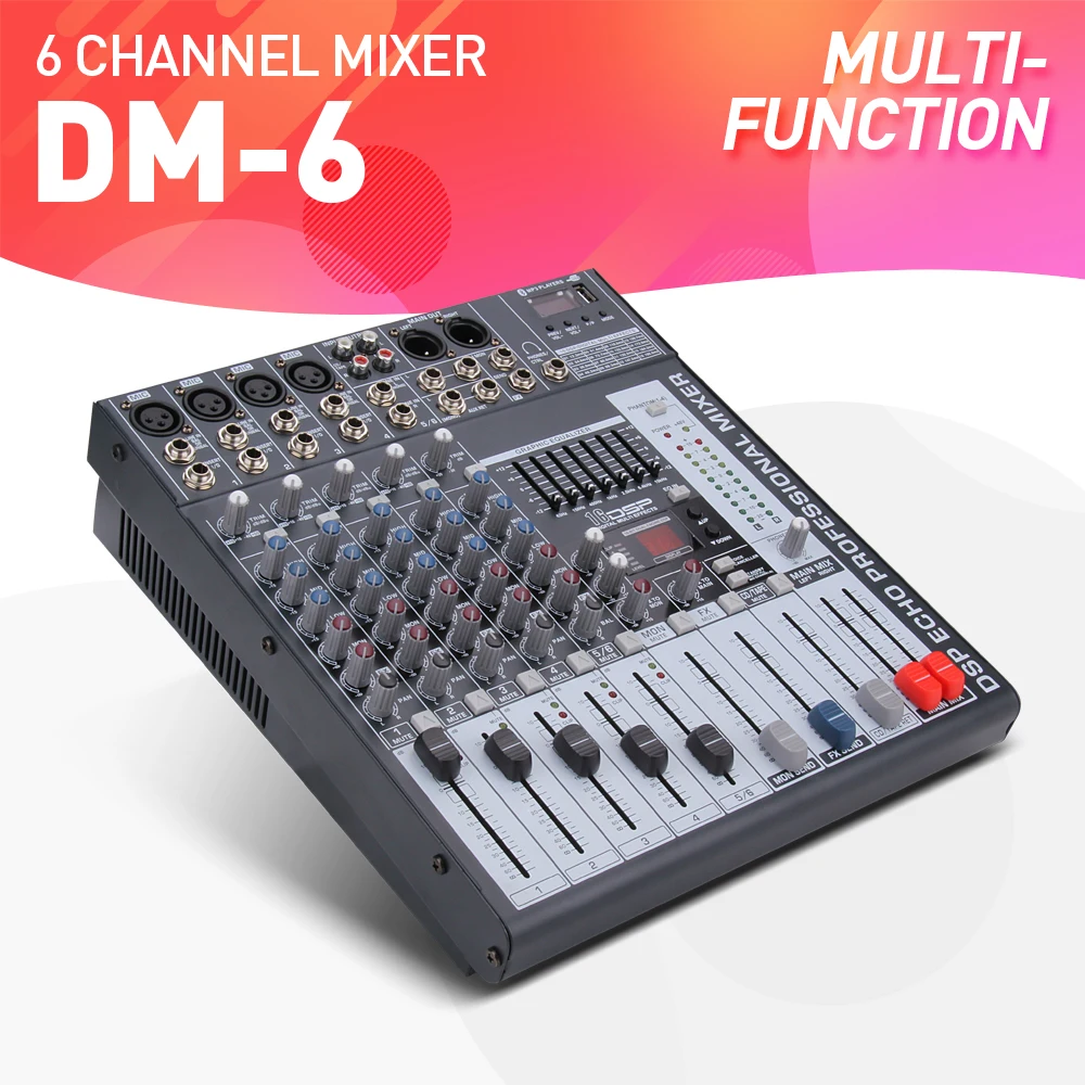 

Good quality, Clean sound!!! 6 Channels Mixer Digital Audio Mixing Console with 48V Phantom Power USB Slot for Recording Stage
