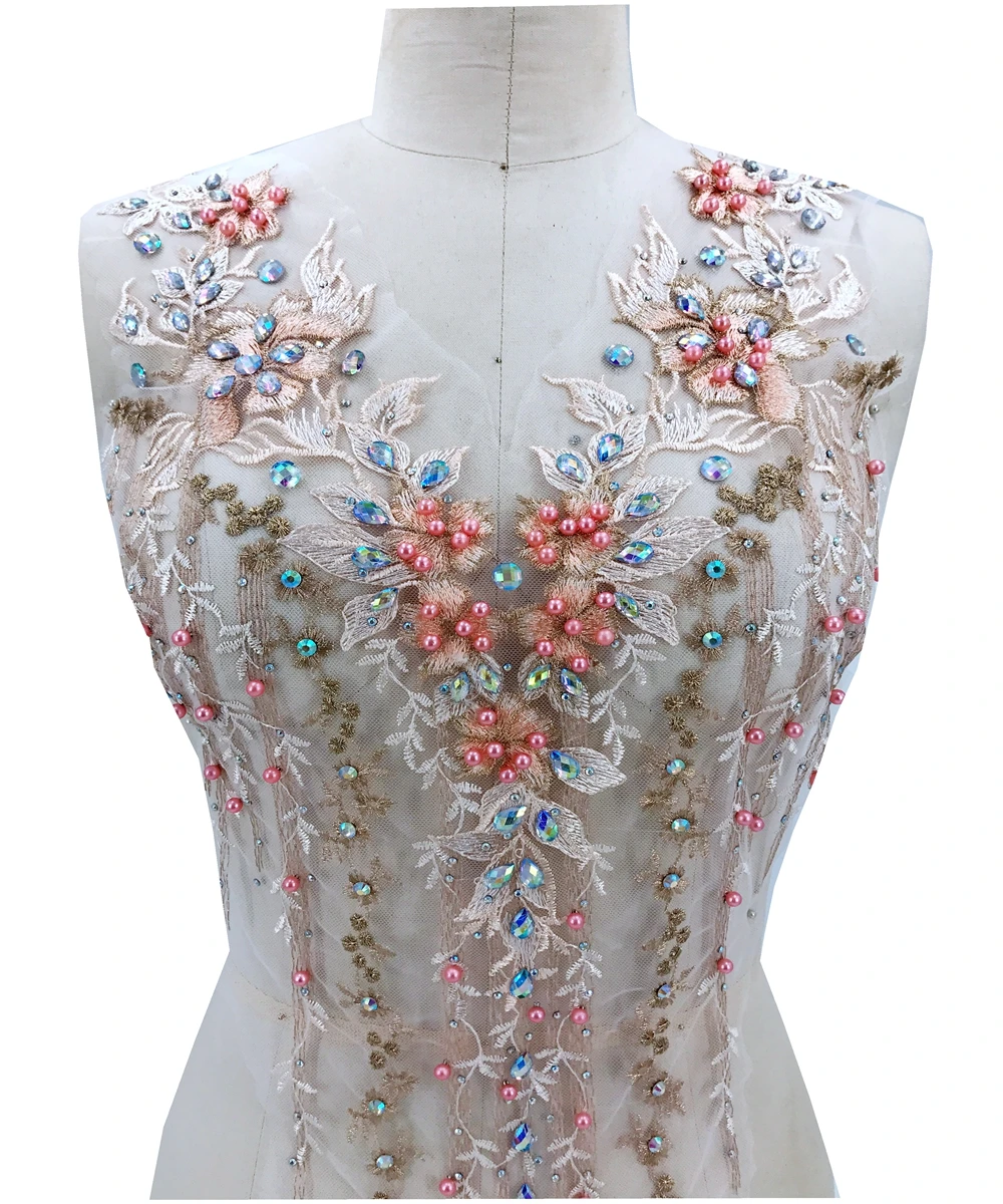

sew on beads rhinestones lace applique triming patches 62*30cm for evening dress DIY accessories