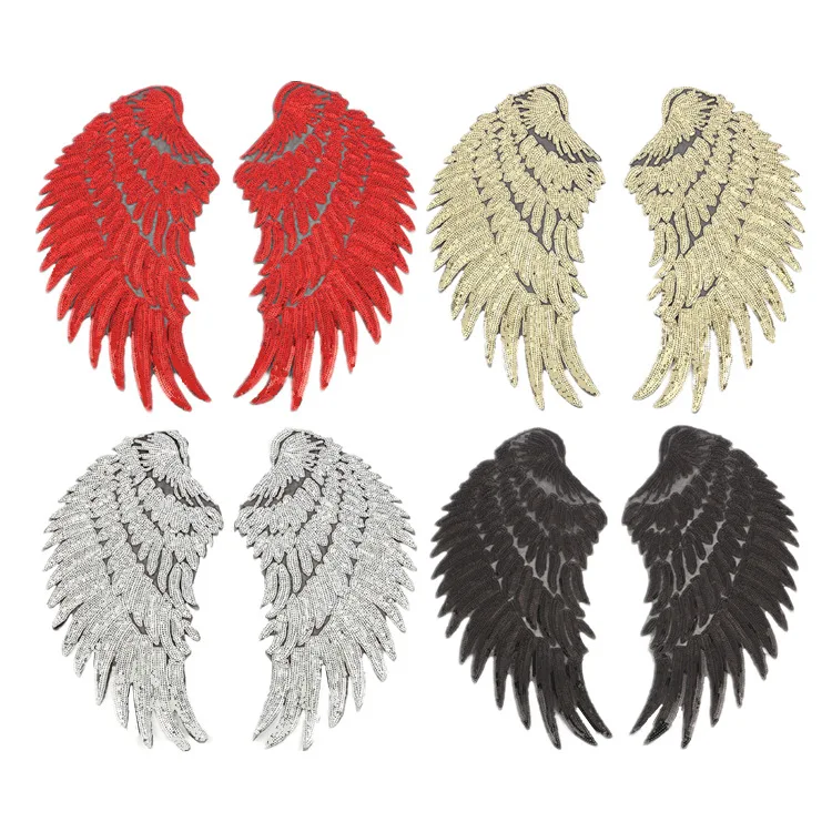 

1 Pair of 34*16cm Large Feather Embroidered Lace Beads Patch Dress Fabrics Material DIY Dress Clothing Wedding BLACK/RED/GOLD
