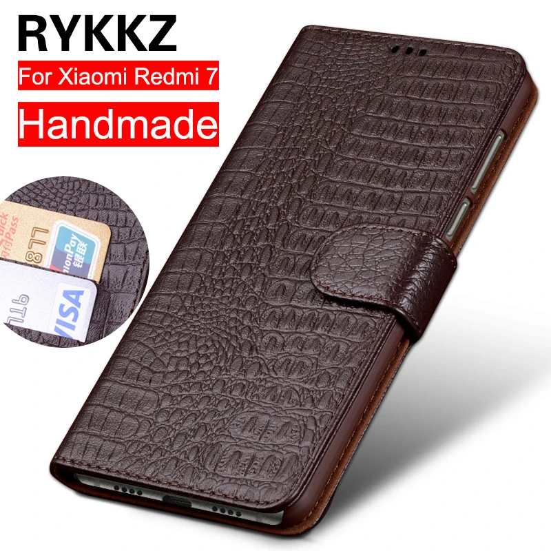 Флип кейс RYKKZ из натуральной кожи для Xiaomi Redmi 7 с отделением карт и подставкой