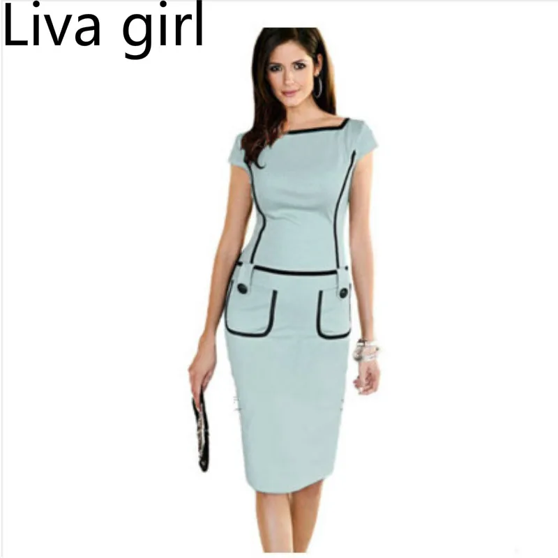 

Liva girl Women Summer Patchwork Pocket Dress Office Work Wear OL Dress Short Sleeve Formal Vintage Pencil Dress 3XL Green Black