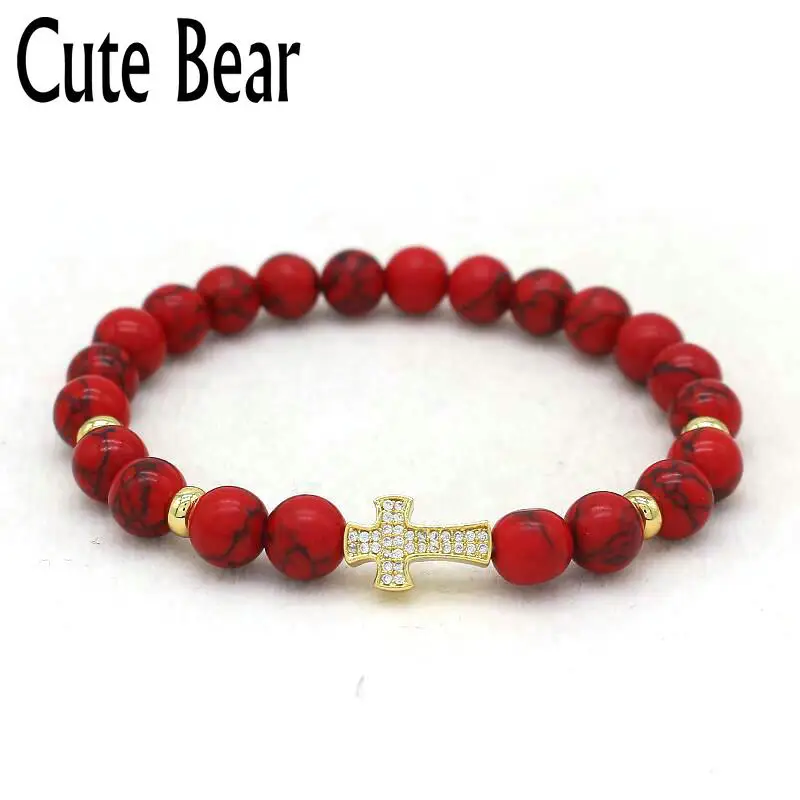 

Cute Bear Brand Cross Bracelets Natural Stone Elastic Rope Red Turquoises Beaded Bracelet Women Christian Believer Jewelry Gift