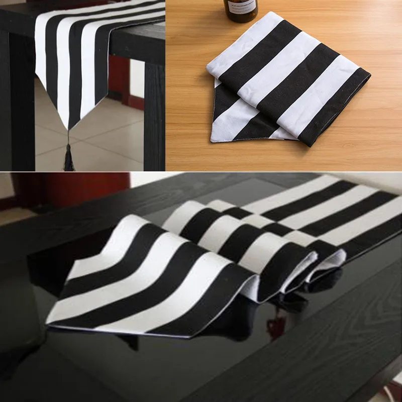 

Modern Striped Pattern Table Runner Black & White Geometric Table Topper hotel bed runner Home Decor table cloth tassel