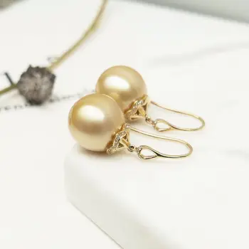 

12.35-12.5mm Genuine South Sea Golden Pearl Hook Drop Earrings 14k Yellow Gold