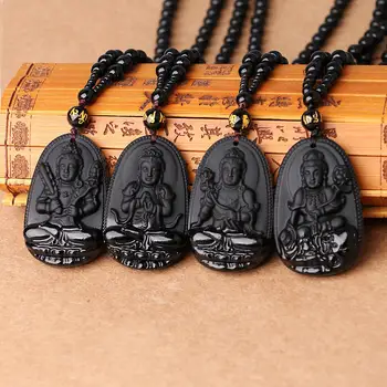 

Obsidian Necklace Natural Stone Pendant Buddha Guardian Necklace Crystal High Quality Unique Black Obsidian Carved Buddha gift