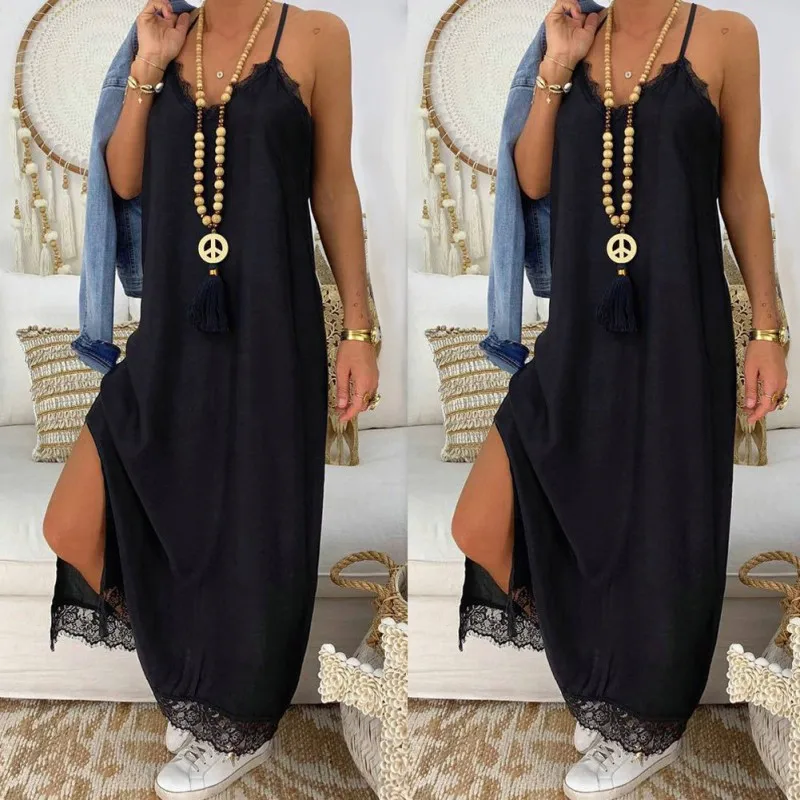 

Boho Maxi Dresses Lace Loose Solid Color Beach Sundress Vestidos
