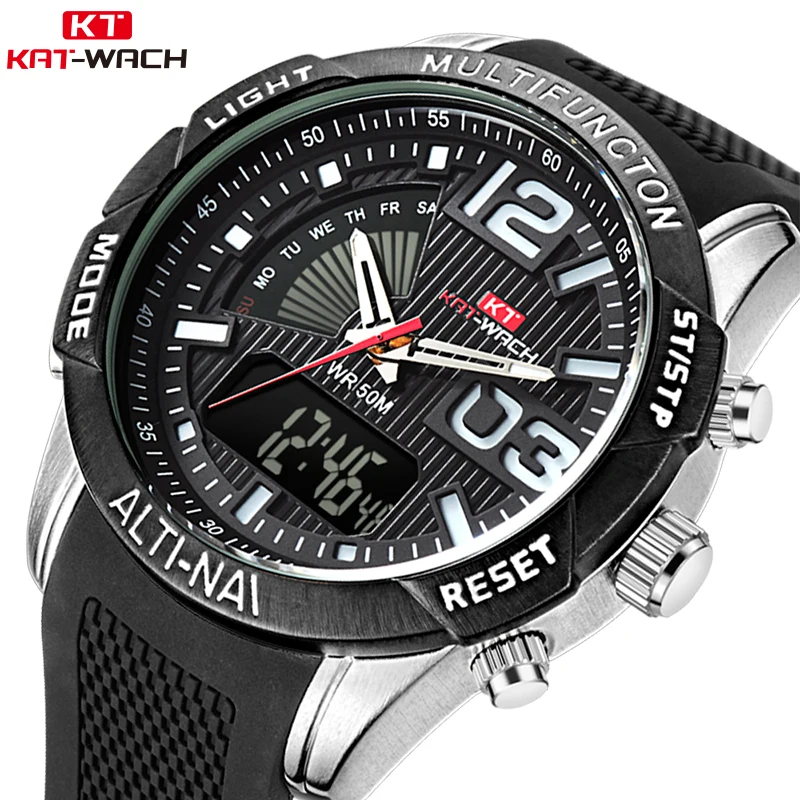 

KAT-WACH Men Sports Watches Dual Display Analog Digital LED Electronic Quartz Wristwatches Waterproof Swimming Military Watch
