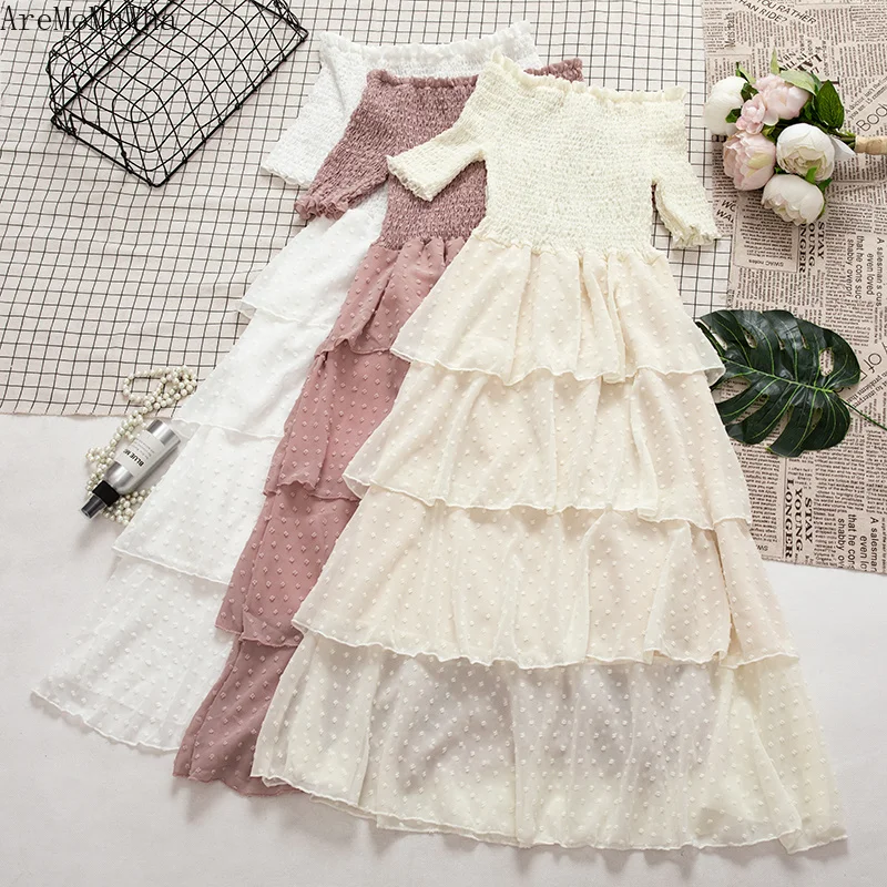 AreMoMuWha صغيرة الطازجة كلمة طوق كعكة اللباس مزاجه فستان طويل يتدفقون القليل الشيفون اللباس الجنية Vestidos دي Fiestamh149