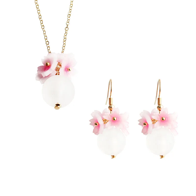 

SANSUMMER 2019 New Style Fashionable Plastic Romantic Sweet Pink Cherry Blossom Necklace Earrings Temperament Jewelry Sets 5353