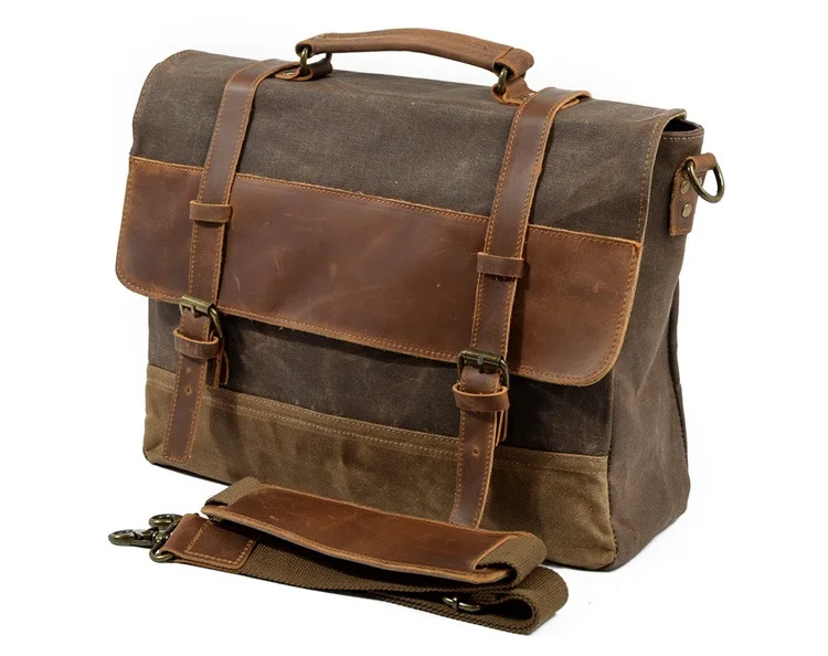 FRONT DISPLAY of Woosir Mens Messenger Bag Waterproof Canvas Leather Computer Laptop Bag