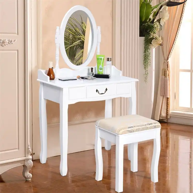 Modern Women Bedroom Set Furniture White Vanity Makeup Desk Dresser Table And Stool Set With Rotating Mirror Hw50200