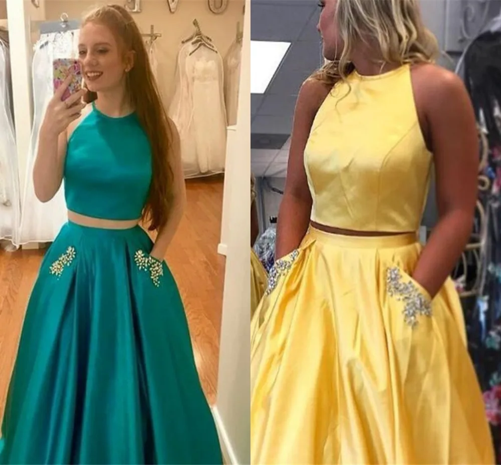 

Two Pieces Beading Crystals Prom Dresses 2019 Halter Backless A-line Pageant Evening Party Gowns Plus Size Vestido de Festa Fre