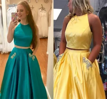 

Two Pieces Beading Crystals Prom Dresses 2019 Halter Backless A-line Pageant Evening Party Gowns Plus Size Vestido de Festa Fre