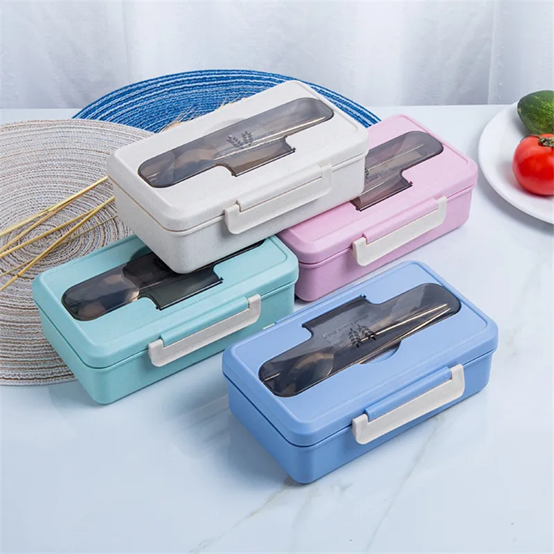 

Eco-friendly Wheat Straw Plastic Lunch Box Portable PP Rectangle Bento Box Outdoor Picnic Food Container with Spoon Chopsticks