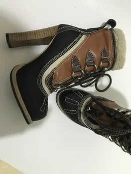 

New Mixed Colors Leather Sewed Ankle Boots Wooden Grain Chunky High Heels Gladiator Ladies Wool Patchwork Winter Short Bottines