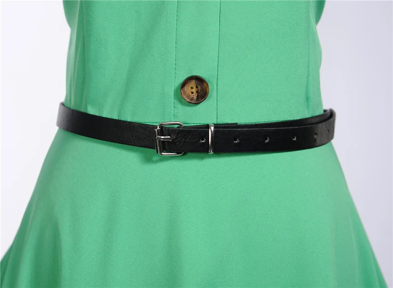 Kostlich Turn-down Collar Solid Color Dresses Hepburn Vintage Short Sleeve Dress Women Big Swing Dress S-2XL With Sashes (15)