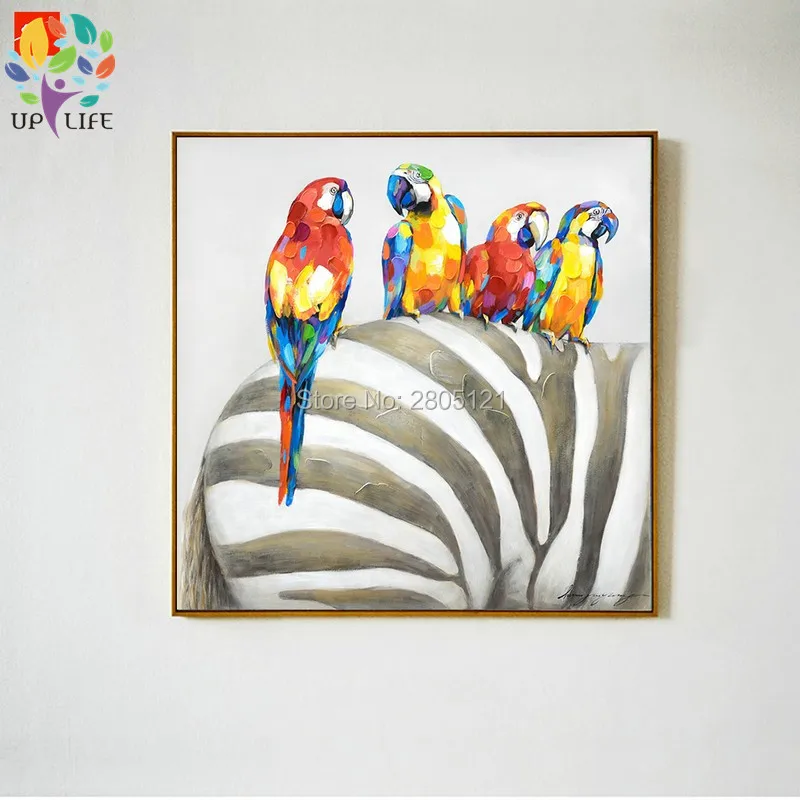 hand painted modern ideas designed animals canvas wall art color parrot on zebra oil paintings