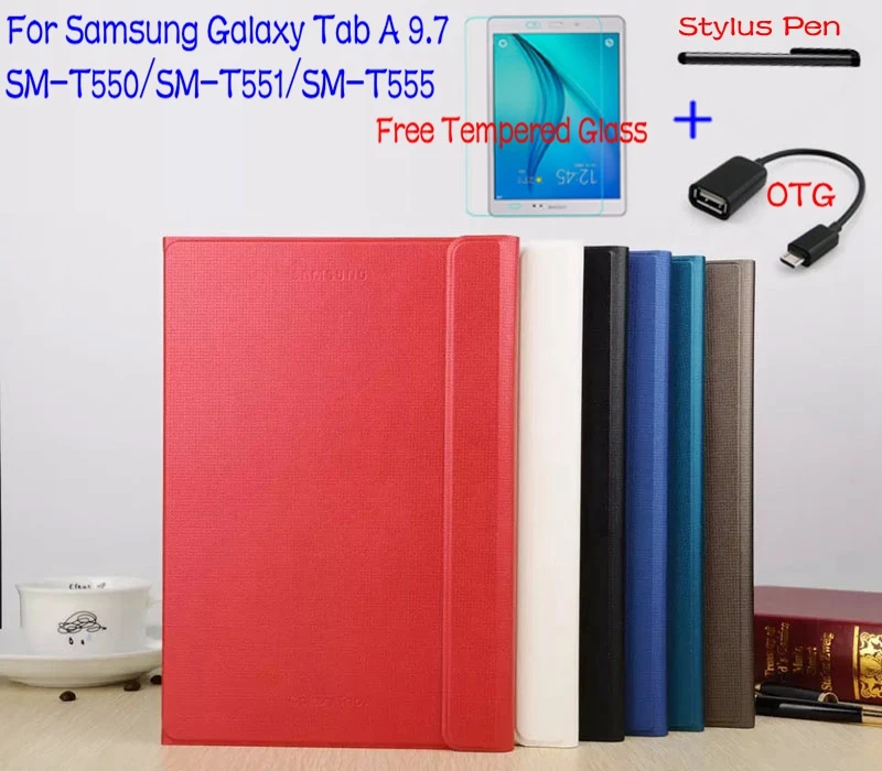 

Top Quality Stand Smart PU Leather Case Cover for Samsung Galaxy Tab A 9.7 T550 T551 T555 Tablet +Free Screen Protector+OTG+Pen
