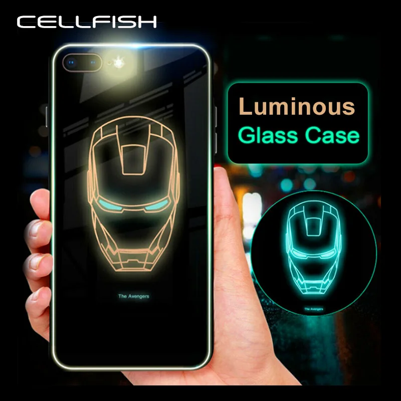 

Marvel Avengers Ironman Temper Glass Case for Coque iPhone 8Plus 8 7 6s Plus XS MAX XR 10 Iron man Batman Logo Luminous Cover